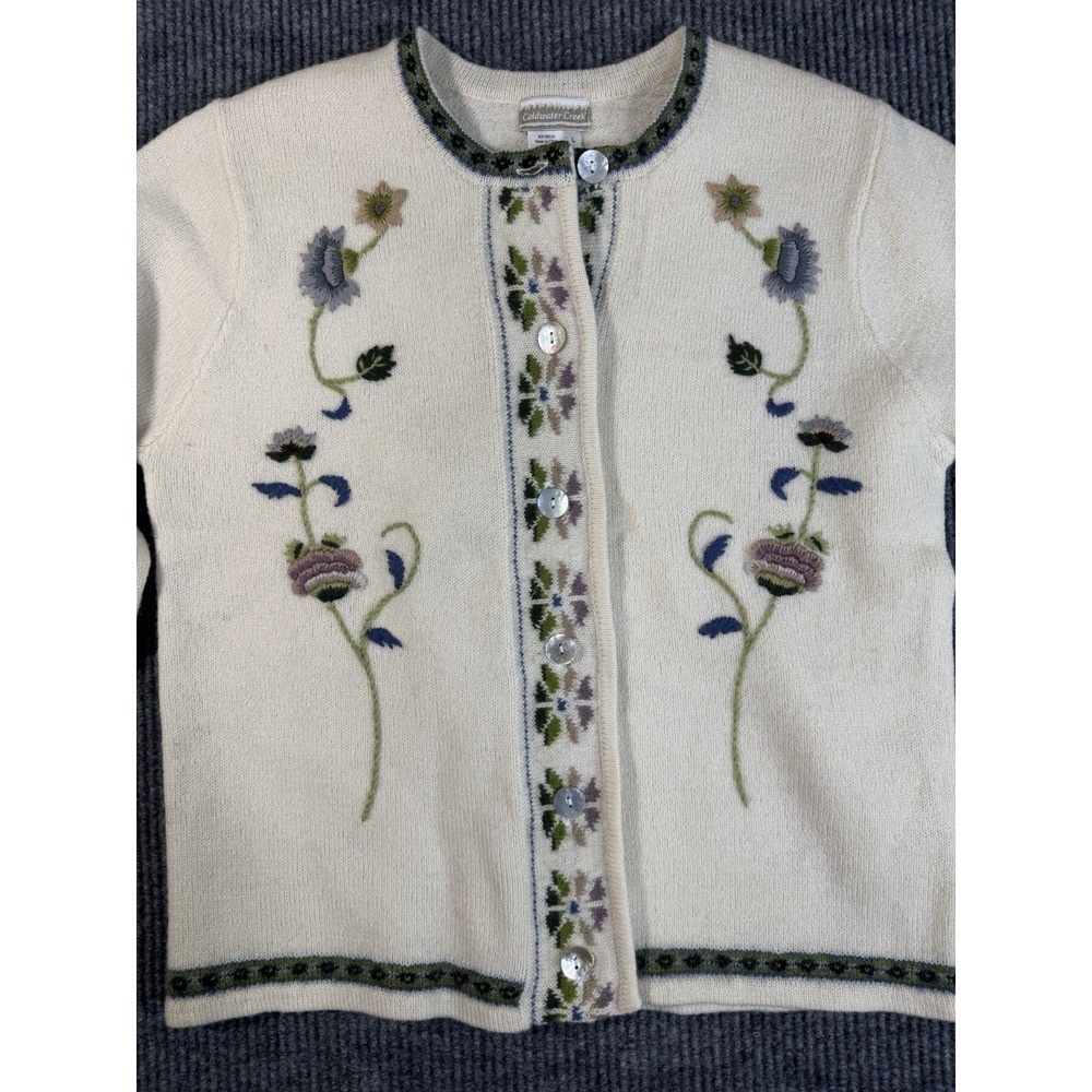 Coldwater Creek Ivory Floral Embroidered Knit Cardigan Sweater 100% Wool L Women - Picture 5 of 11